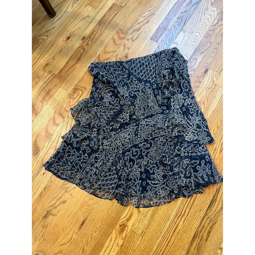 Y2K Lauren Ralph Lauren Navy Blue White Paisley 100% Silk Ruffle Tiered Skirt L